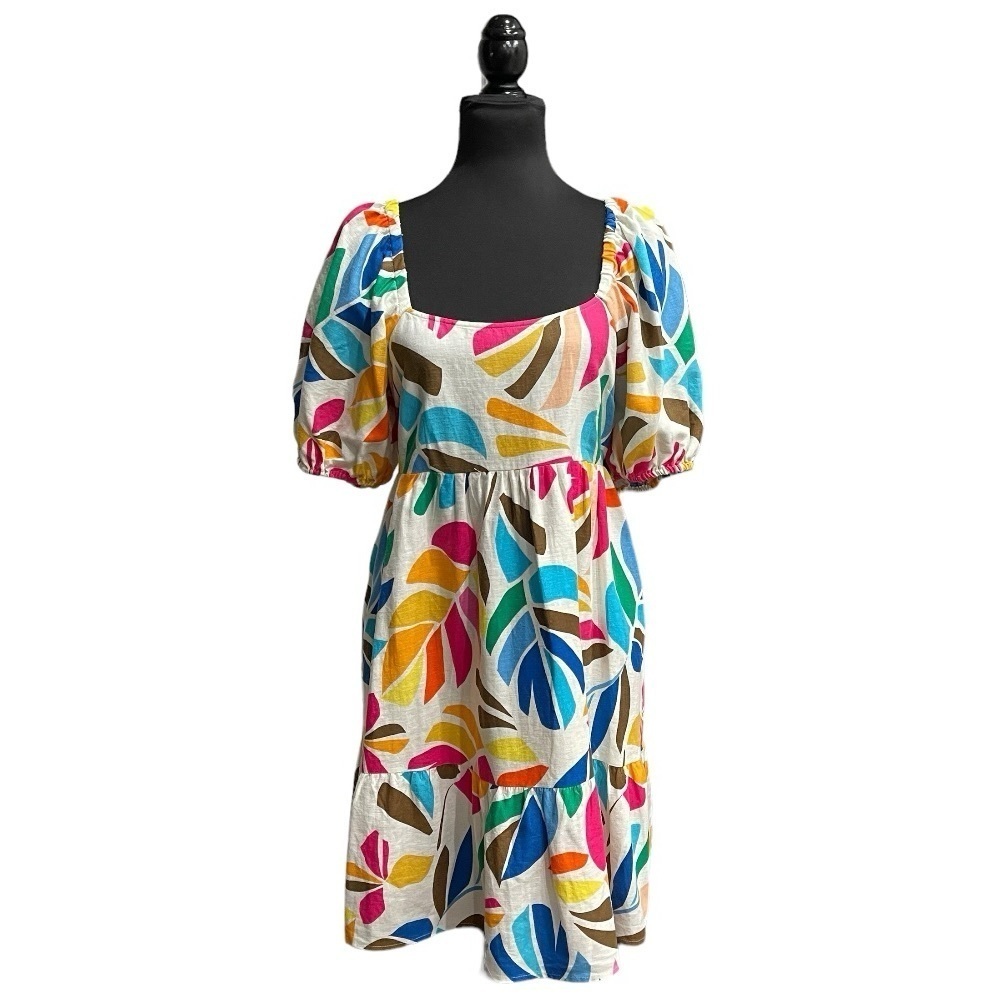 Vacation / Resort Puff Sleeve Dress | Tabitha Brown Tropical Linen | Size Large - Picture 2 of 12
